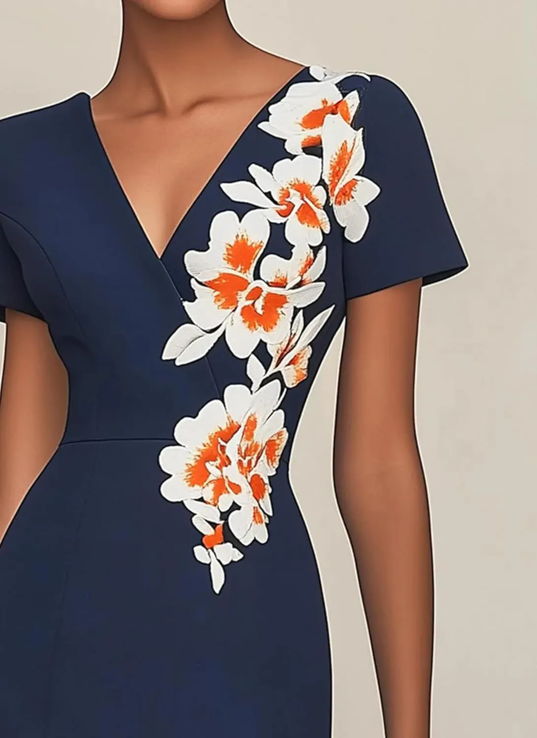 Women's Elegant Navy Blue V-Neck Short Sleeve Floral Print Bodycon Midi Dress Summer Wedding Guest Party Casual Dress