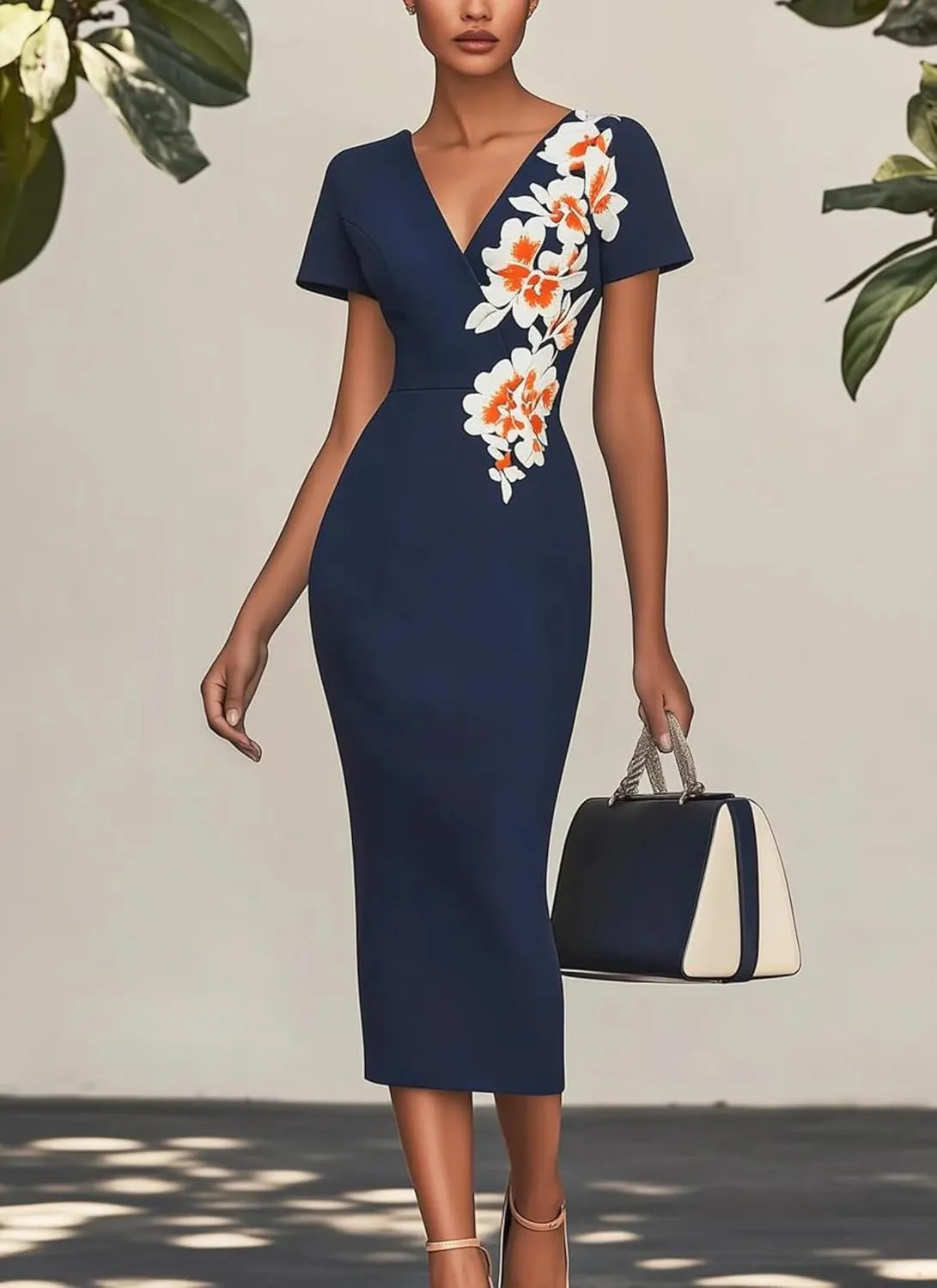 Women's Elegant Navy Blue V-Neck Short Sleeve Floral Print Bodycon Midi Dress Summer Wedding Guest Party Casual Dress