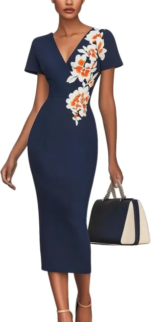 Women's Elegant Navy Blue V-Neck Short Sleeve Floral Print Bodycon Midi Dress Summer Wedding Guest Party Casual Dress