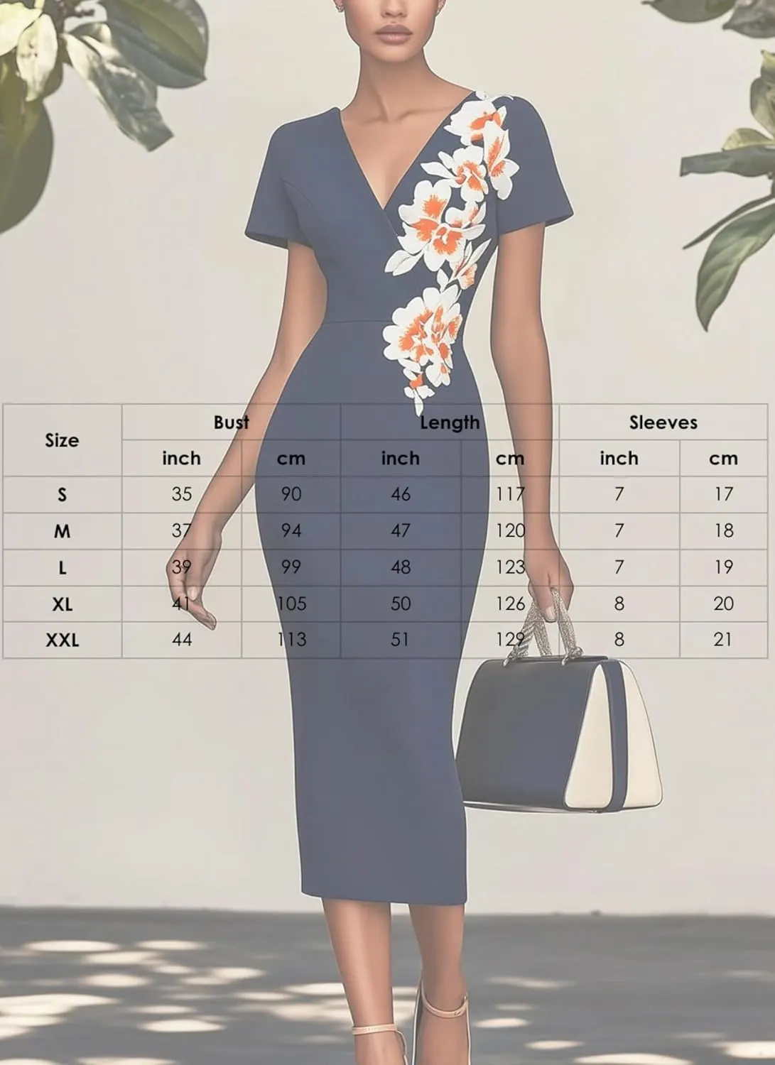 Women's Elegant Navy Blue V-Neck Short Sleeve Floral Print Bodycon Midi Dress Summer Wedding Guest Party Casual Dress