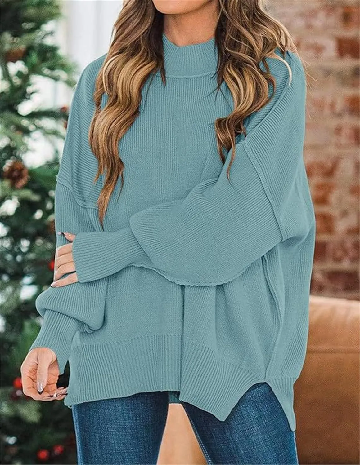 Women's Fall Casual Long Sleeve Sweater Crew Neck Side Slit Oversized Ribbed Knit Pullover Tops