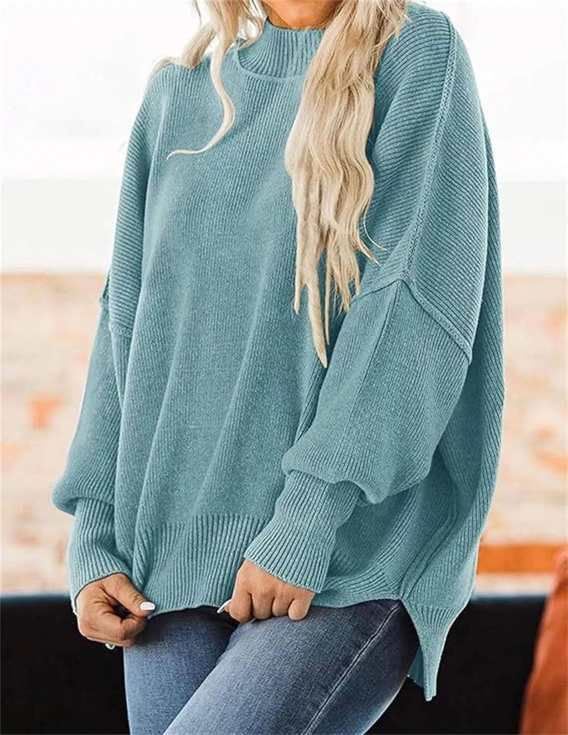 Women's Fall Casual Long Sleeve Sweater Crew Neck Side Slit Oversized Ribbed Knit Pullover Tops
