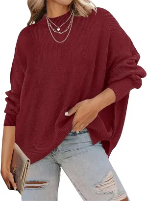 Women's Fall Casual Long Sleeve Sweater Crew Neck Side Slit Oversized Ribbed Knit Pullover Tops