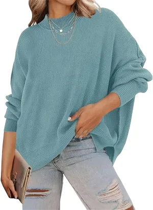 Women's Fall Casual Long Sleeve Sweater Crew Neck Side Slit Oversized Ribbed Knit Pullover Tops