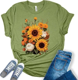 Womens Fall Vintage Tops Sunflower Tshirt Cottagecore Floral Graphic Tee Autumn Shirts