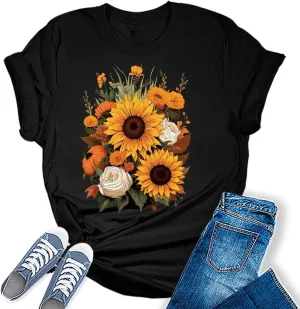 Womens Fall Vintage Tops Sunflower Tshirt Cottagecore Floral Graphic Tee Autumn Shirts