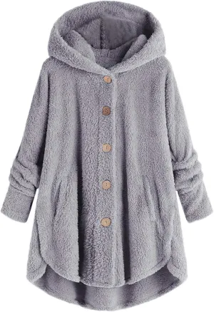 Womens Fleece Jacket with Hood Plus Size Winter Coat 2024 Button Down Faux Fur Sherpa Jacket Warm Outwear with Pocket