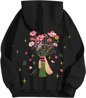 Womens Floral Graphic Hoodies Teen Girls Oversized Preppy Sweatshirts Y2k Cute Long Sleeve Casual Hooded Pullovers