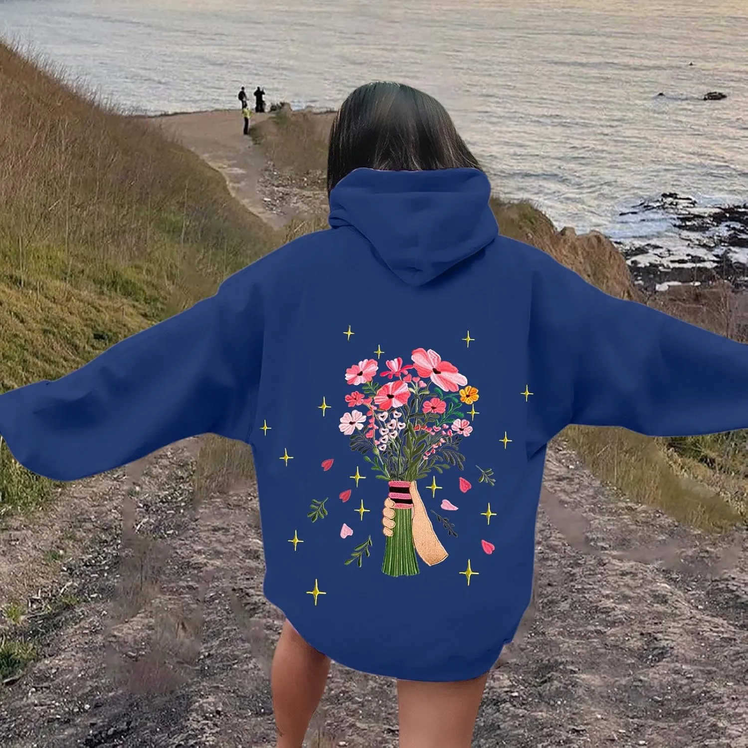 Womens Floral Graphic Hoodies Teen Girls Oversized Preppy Sweatshirts Y2k Cute Long Sleeve Casual Hooded Pullovers