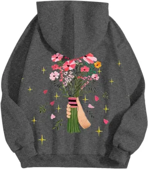 Womens Floral Graphic Hoodies Teen Girls Oversized Preppy Sweatshirts Y2k Cute Long Sleeve Casual Hooded Pullovers
