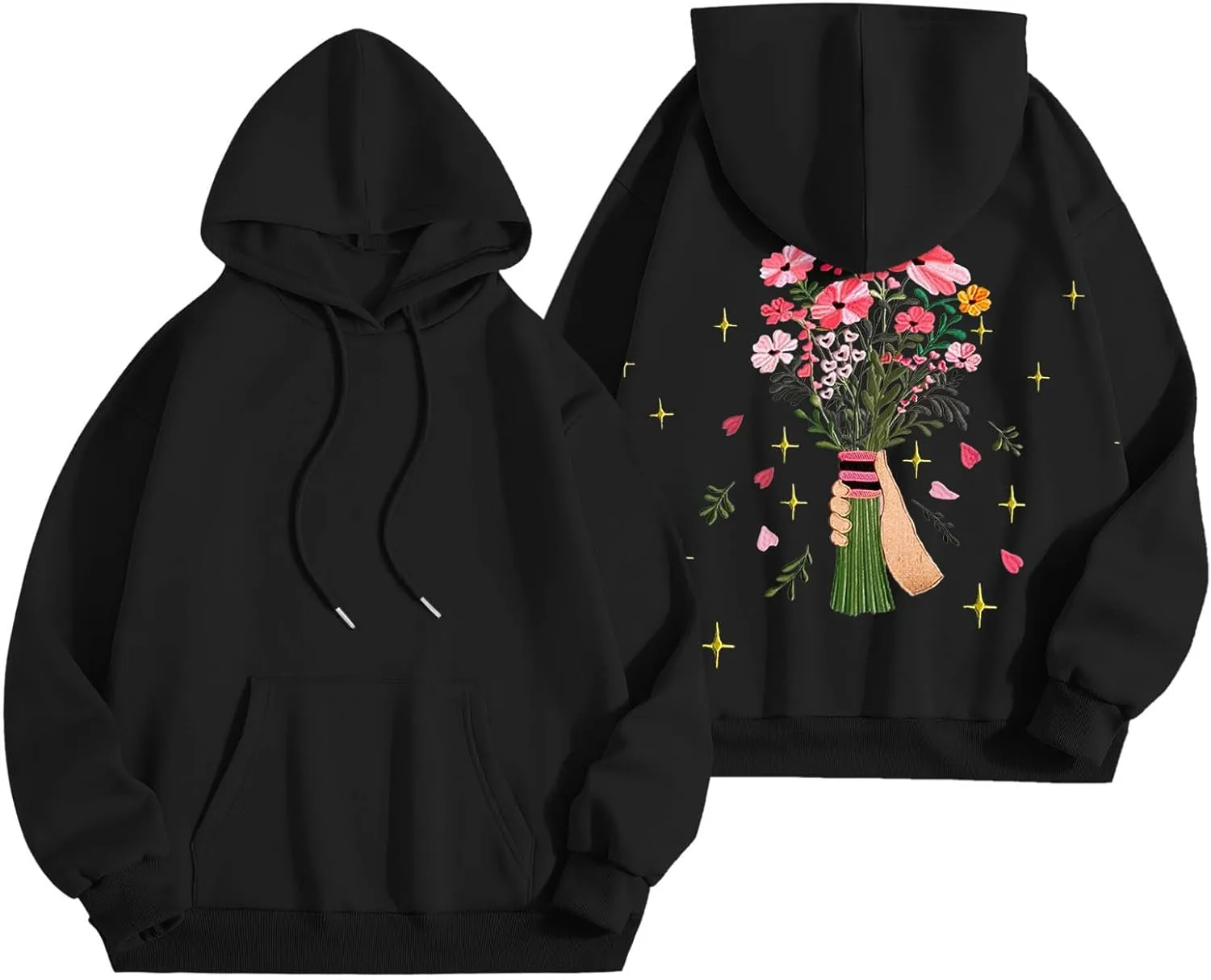 Womens Floral Graphic Hoodies Teen Girls Oversized Preppy Sweatshirts Y2k Cute Long Sleeve Casual Hooded Pullovers