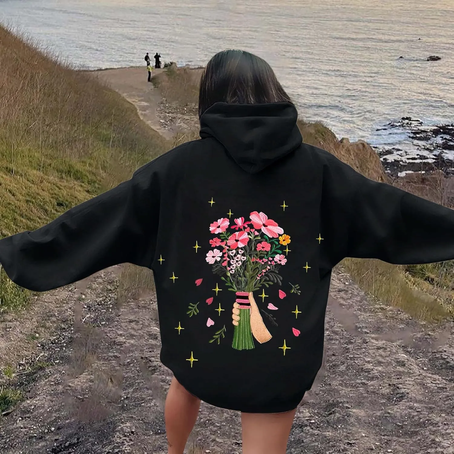 Womens Floral Graphic Hoodies Teen Girls Oversized Preppy Sweatshirts Y2k Cute Long Sleeve Casual Hooded Pullovers