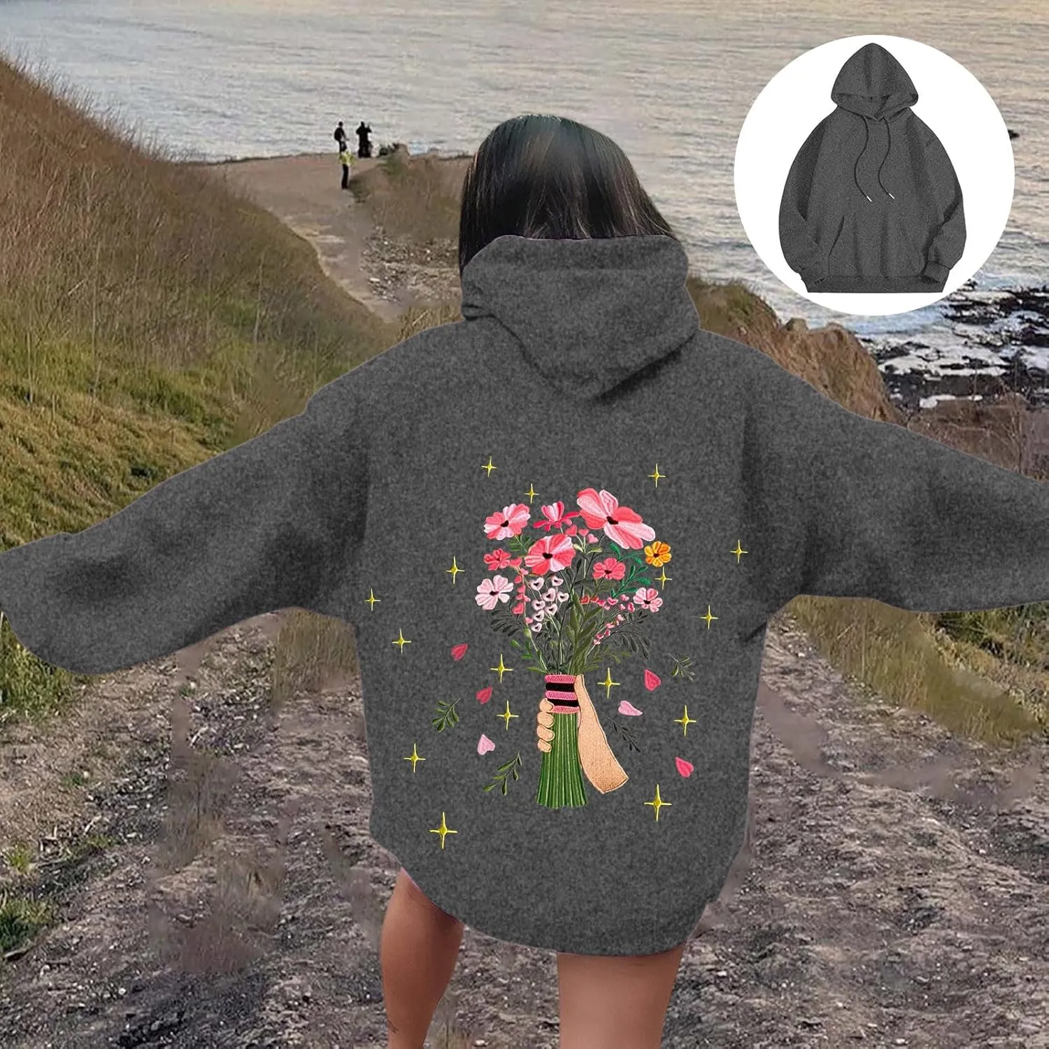 Womens Floral Graphic Hoodies Teen Girls Oversized Preppy Sweatshirts Y2k Cute Long Sleeve Casual Hooded Pullovers