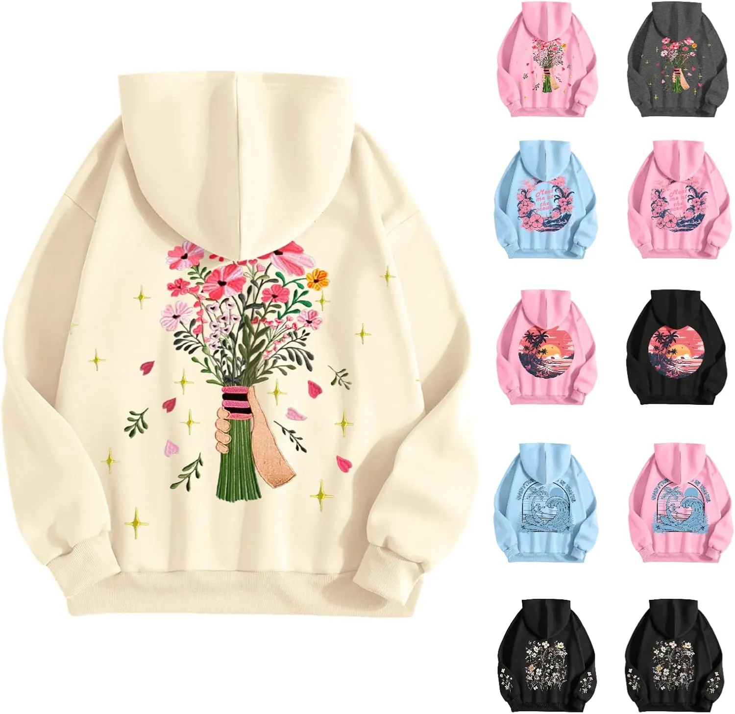 Womens Floral Graphic Hoodies Teen Girls Oversized Preppy Sweatshirts Y2k Cute Long Sleeve Casual Hooded Pullovers