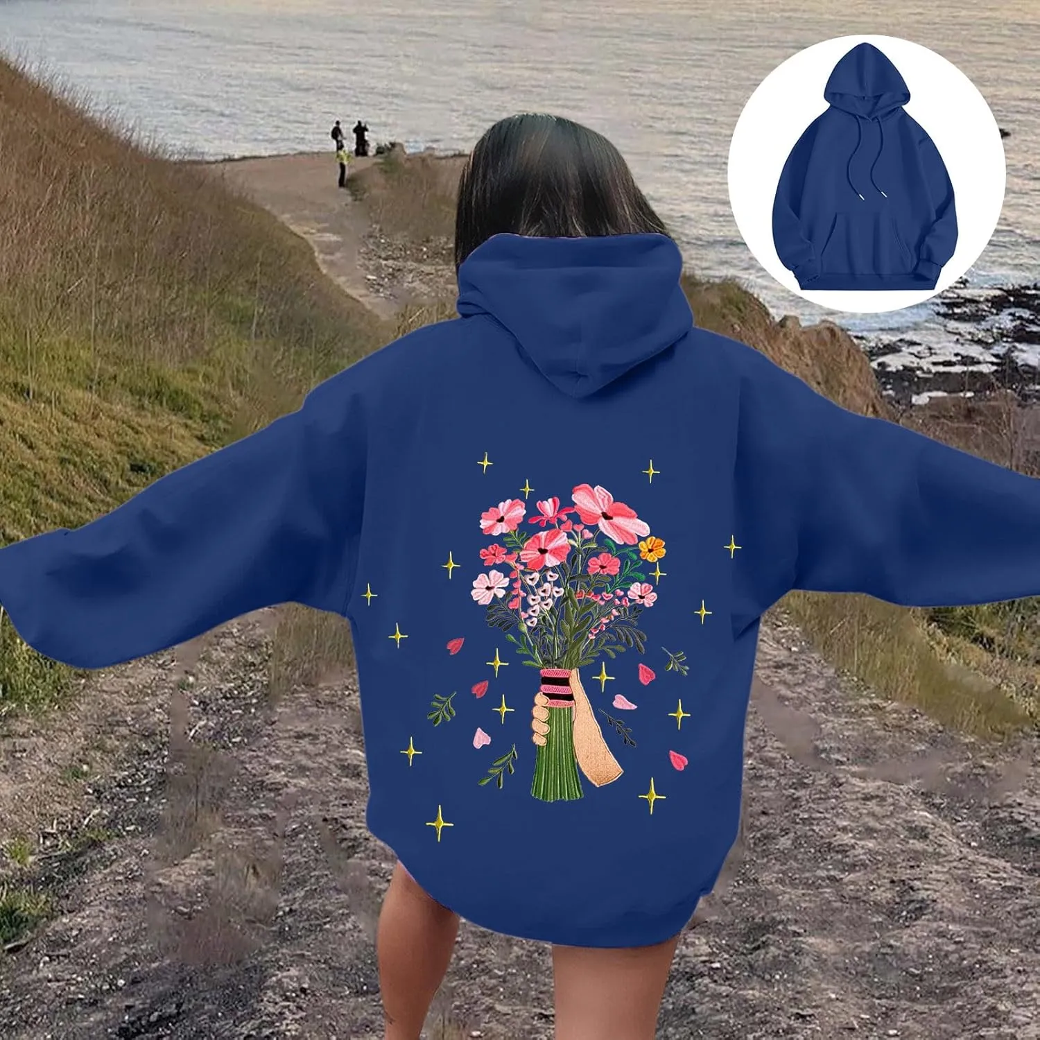 Womens Floral Graphic Hoodies Teen Girls Oversized Preppy Sweatshirts Y2k Cute Long Sleeve Casual Hooded Pullovers