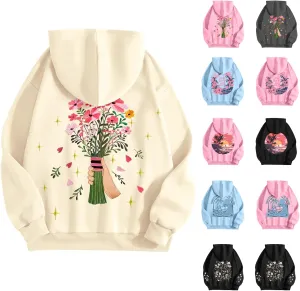 Womens Floral Graphic Hoodies Teen Girls Oversized Preppy Sweatshirts Y2k Cute Long Sleeve Casual Hooded Pullovers