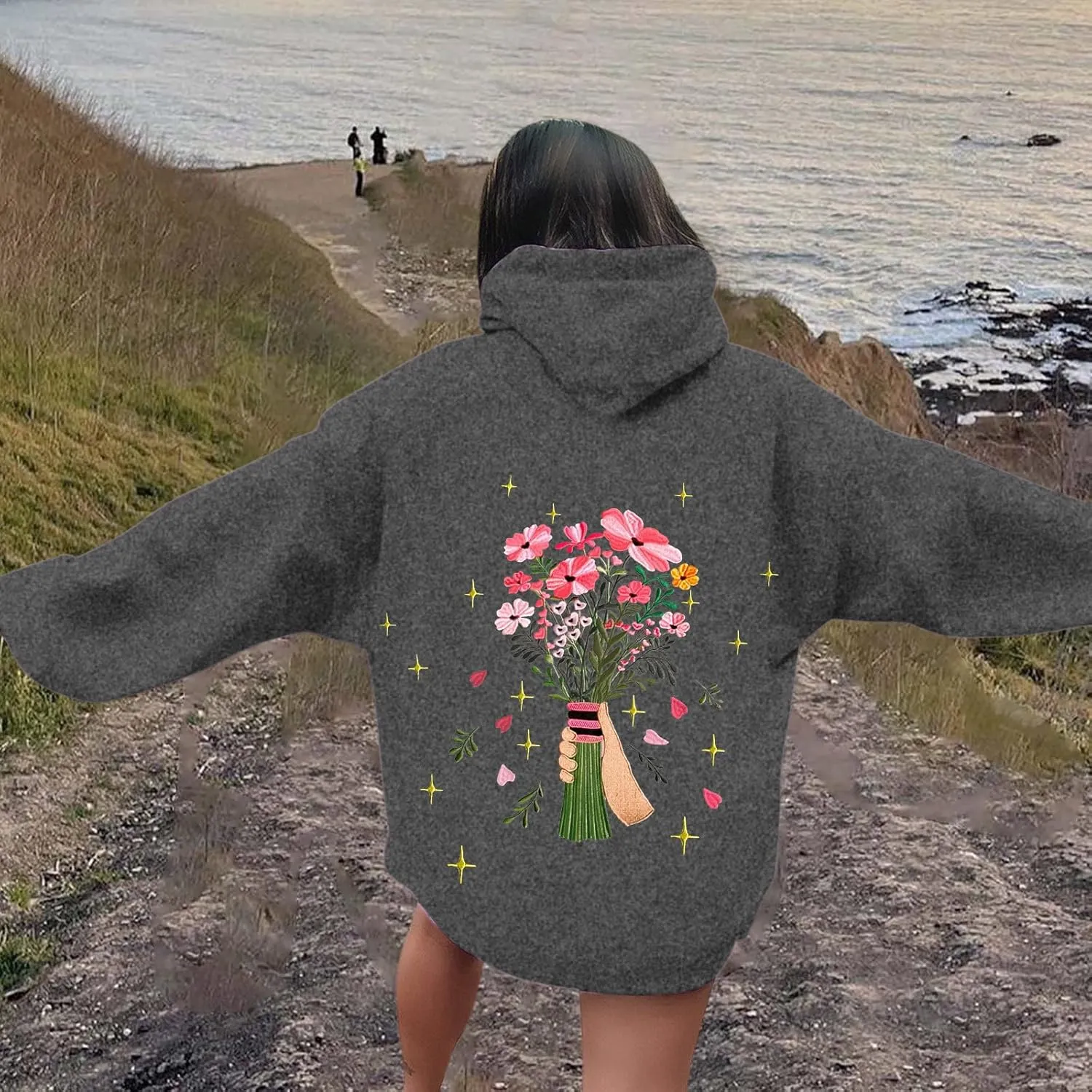 Womens Floral Graphic Hoodies Teen Girls Oversized Preppy Sweatshirts Y2k Cute Long Sleeve Casual Hooded Pullovers