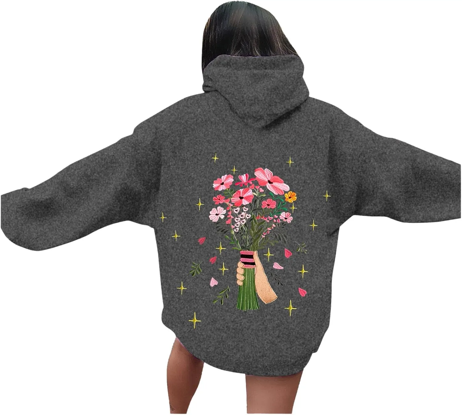 Womens Floral Graphic Hoodies Teen Girls Oversized Preppy Sweatshirts Y2k Cute Long Sleeve Casual Hooded Pullovers