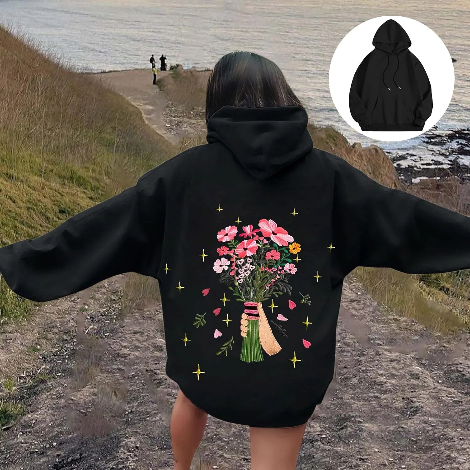 Womens Floral Graphic Hoodies Teen Girls Oversized Preppy Sweatshirts Y2k Cute Long Sleeve Casual Hooded Pullovers