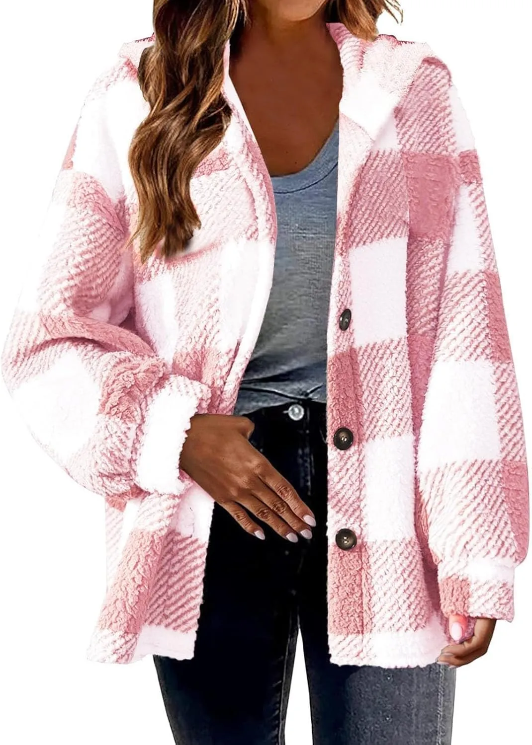 Womens Fuzzy Flannel Jacket Fall Fashion Sherpa Lined Plaid Shacket Long Sleeve Button Down Fleece Plush Hoodies