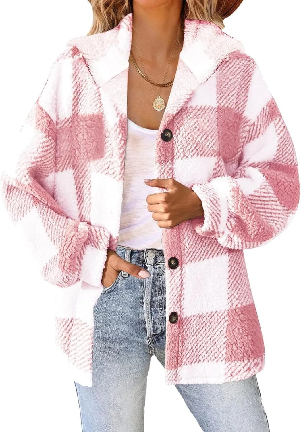 Womens Fuzzy Flannel Jacket Fall Fashion Sherpa Lined Plaid Shacket Long Sleeve Button Down Fleece Plush Hoodies
