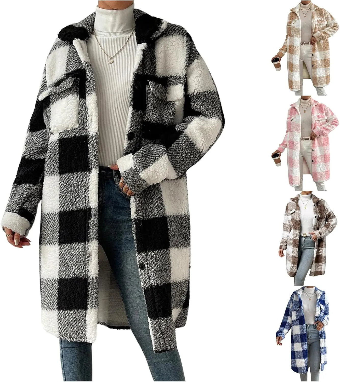 Womens Fuzzy Sherpa Long Jacket Plaid Shackets Jackets Button Down Lapel Trench Coat Warm Gingham Teddy Coat