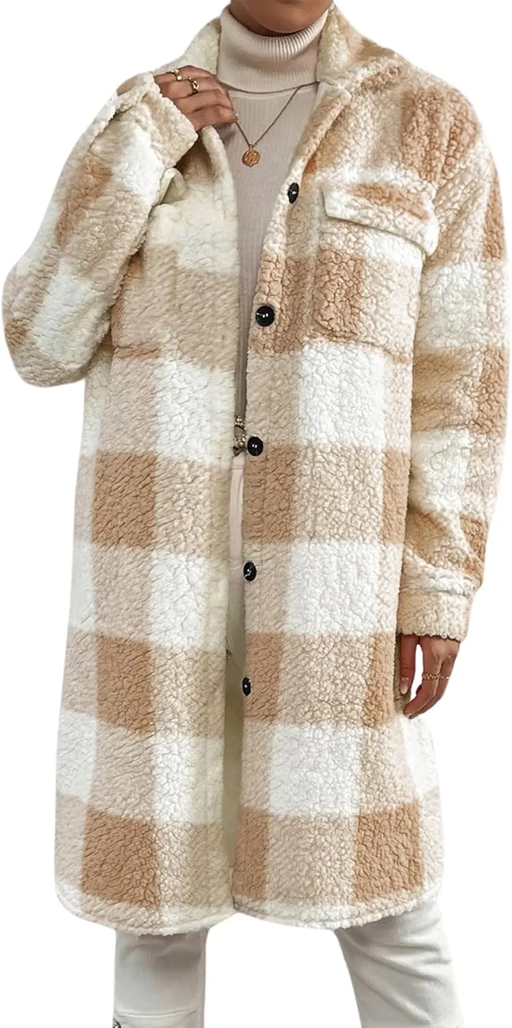 Womens Fuzzy Sherpa Long Jacket Plaid Shackets Jackets Button Down Lapel Trench Coat Warm Gingham Teddy Coat
