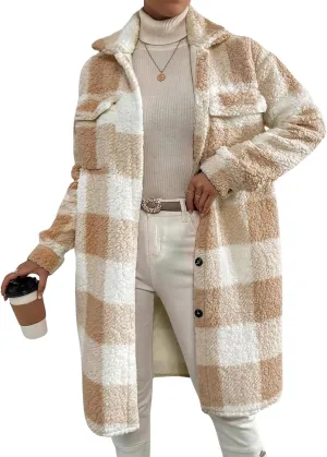 Womens Fuzzy Sherpa Long Jacket Plaid Shackets Jackets Button Down Lapel Trench Coat Warm Gingham Teddy Coat