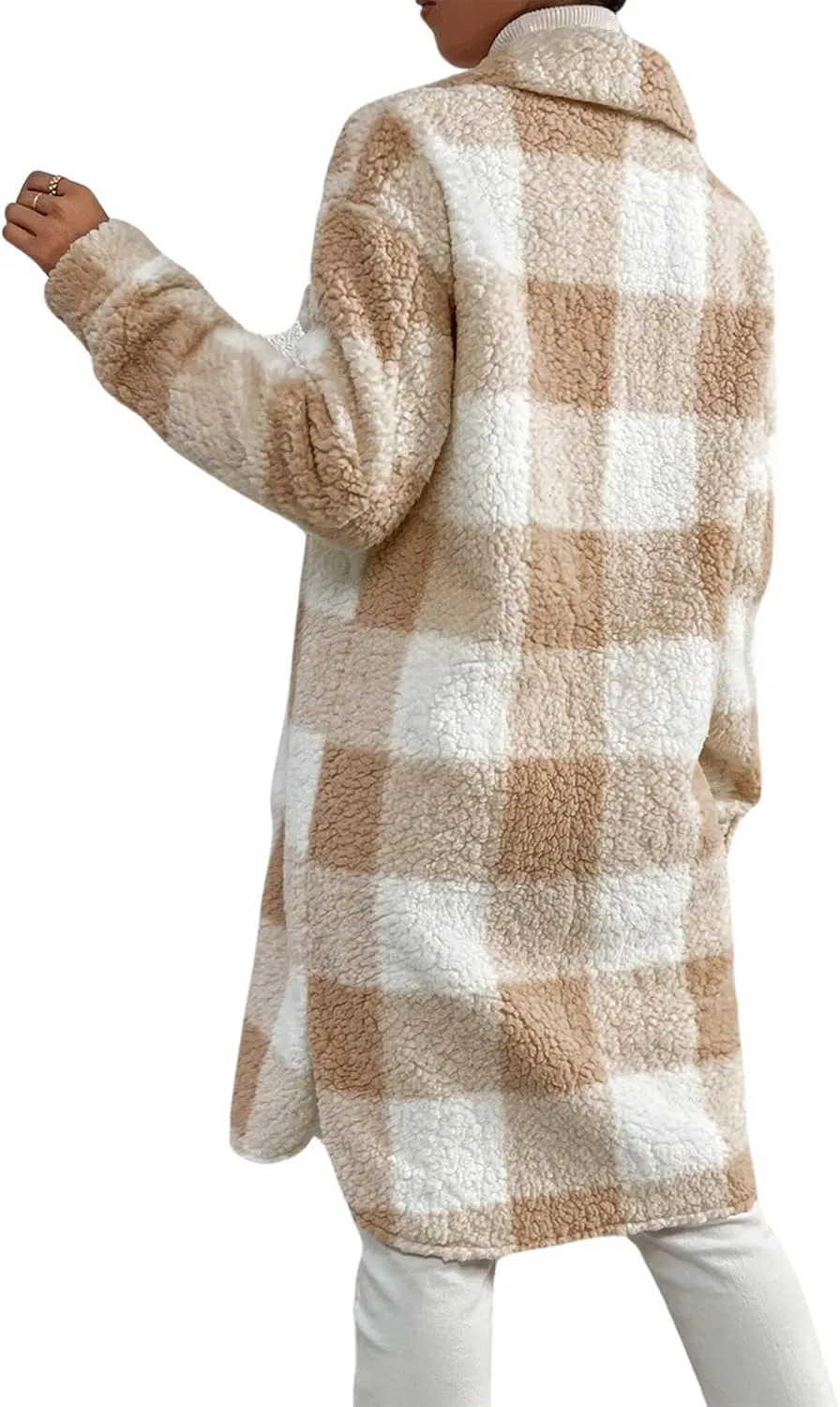 Womens Fuzzy Sherpa Long Jacket Plaid Shackets Jackets Button Down Lapel Trench Coat Warm Gingham Teddy Coat