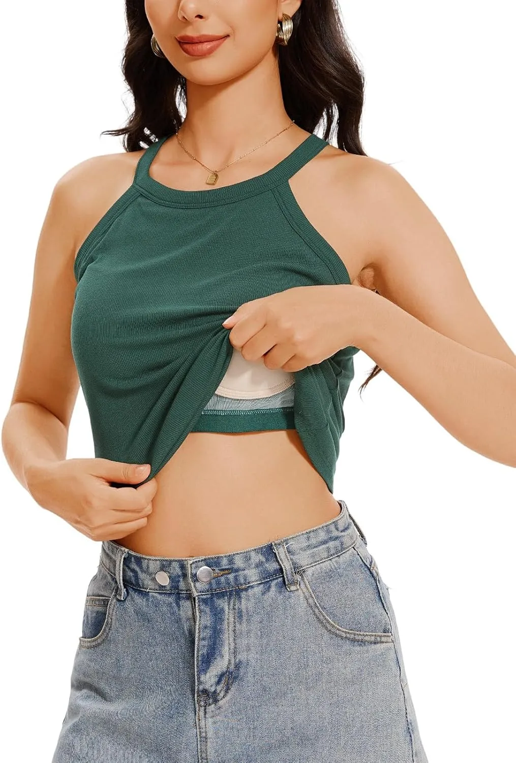 Womens Halter Tank Top with Built in Bra Ribbed Fitted Tank Tops Sleeveless Camisole Tanks