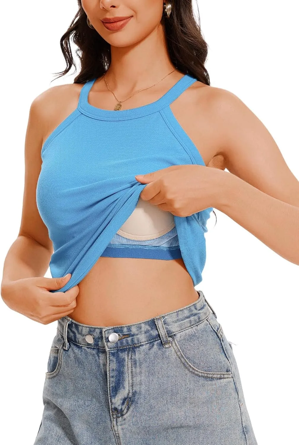 Womens Halter Tank Top with Built in Bra Ribbed Fitted Tank Tops Sleeveless Camisole Tanks