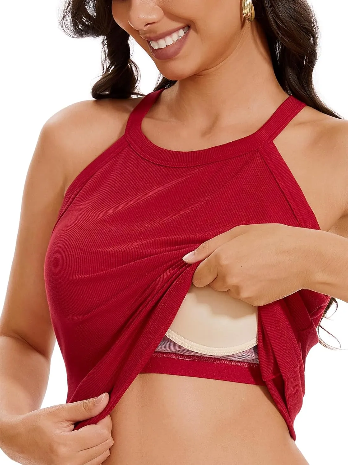 Womens Halter Tank Top with Built in Bra Ribbed Fitted Tank Tops Sleeveless Camisole Tanks
