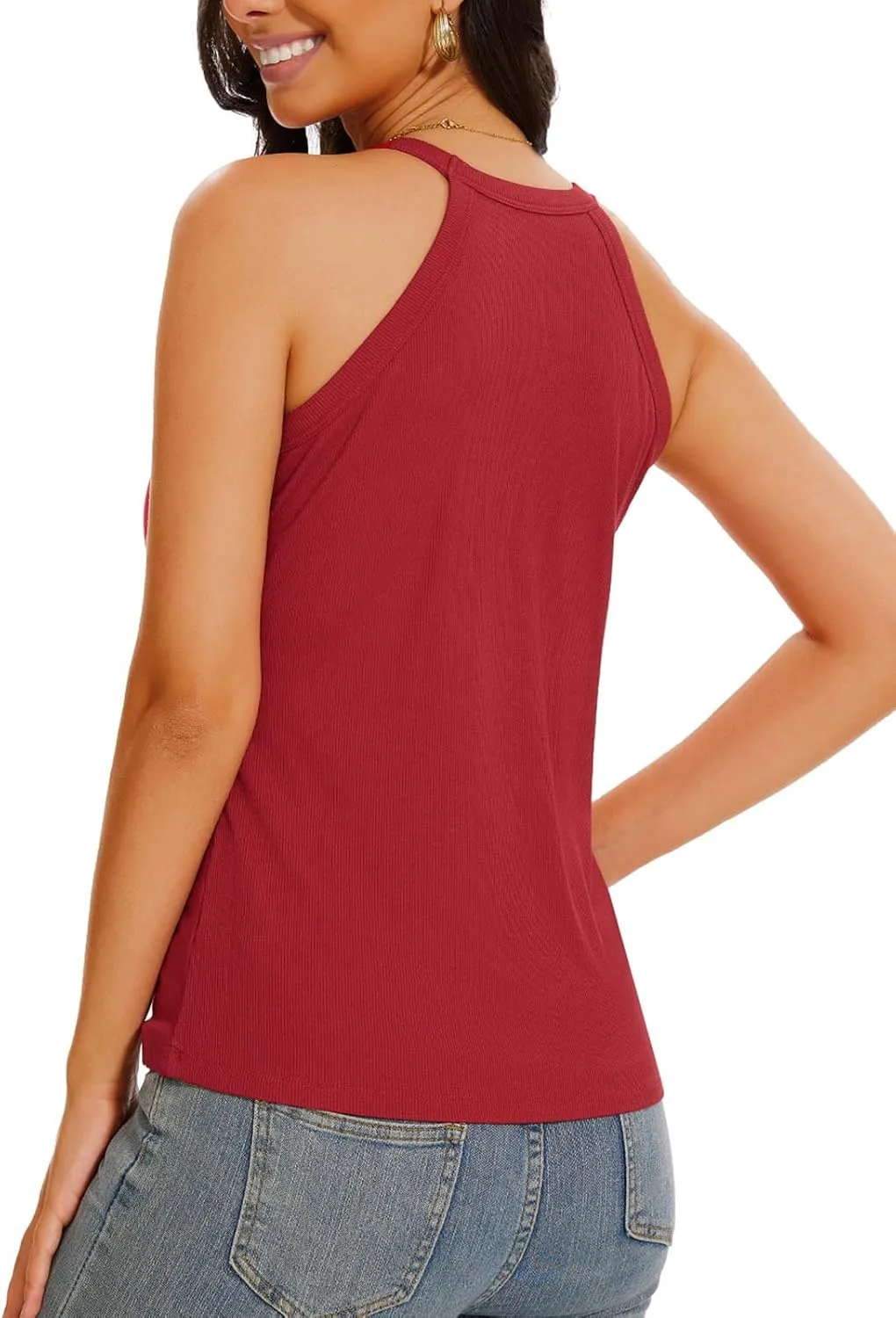 Womens Halter Tank Top with Built in Bra Ribbed Fitted Tank Tops Sleeveless Camisole Tanks