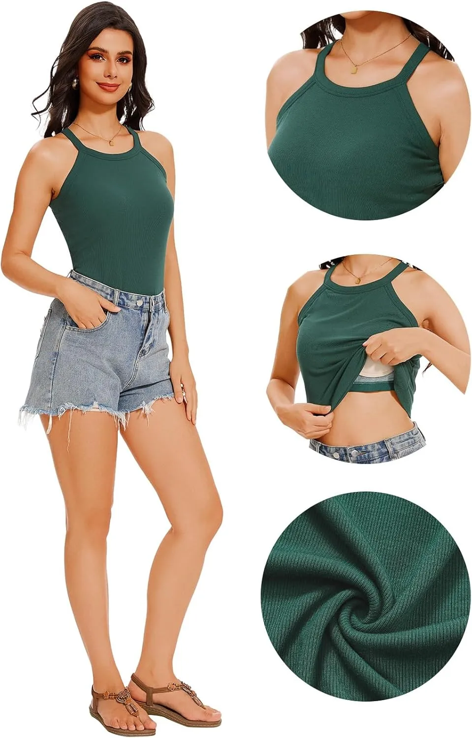 Womens Halter Tank Top with Built in Bra Ribbed Fitted Tank Tops Sleeveless Camisole Tanks