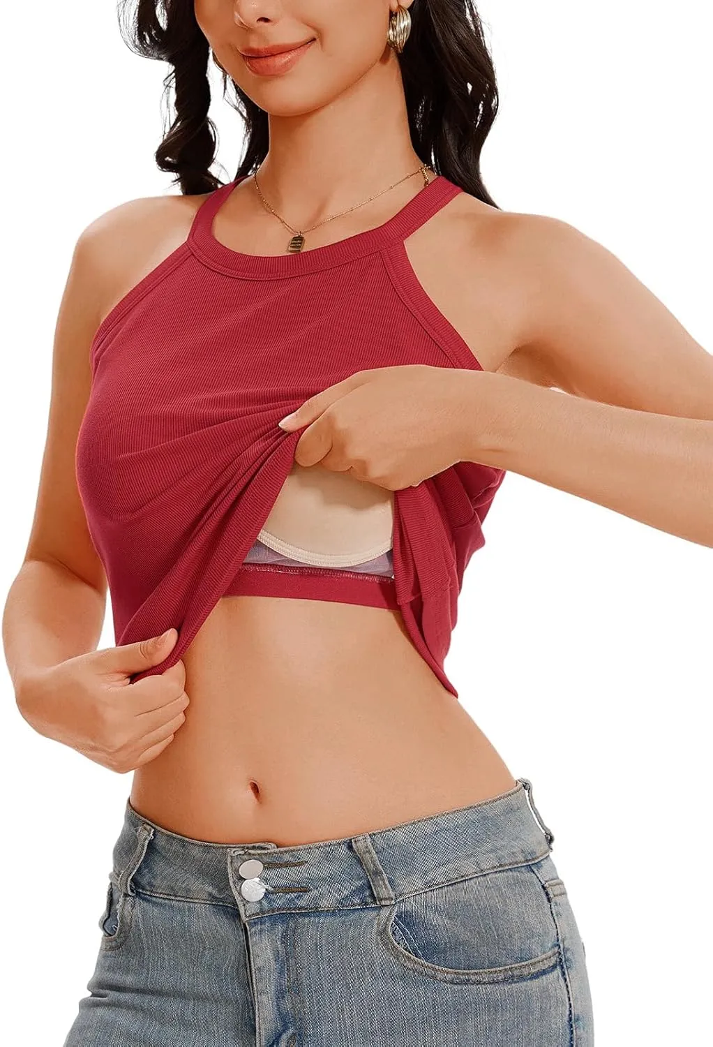 Womens Halter Tank Top with Built in Bra Ribbed Fitted Tank Tops Sleeveless Camisole Tanks