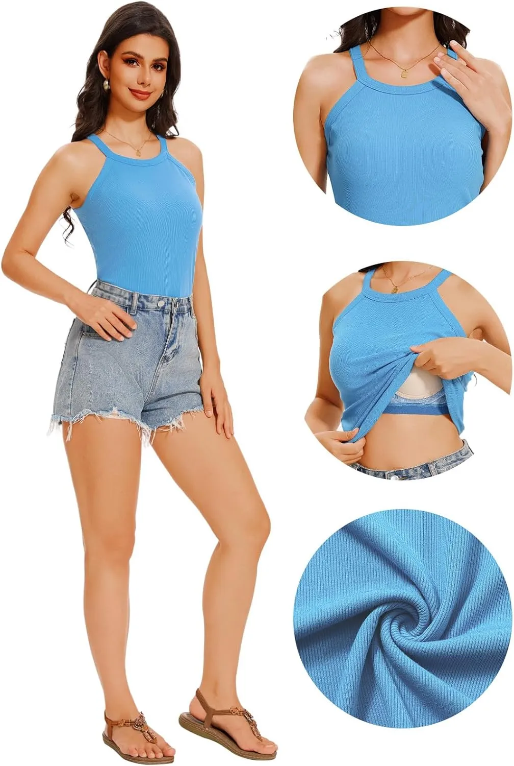 Womens Halter Tank Top with Built in Bra Ribbed Fitted Tank Tops Sleeveless Camisole Tanks