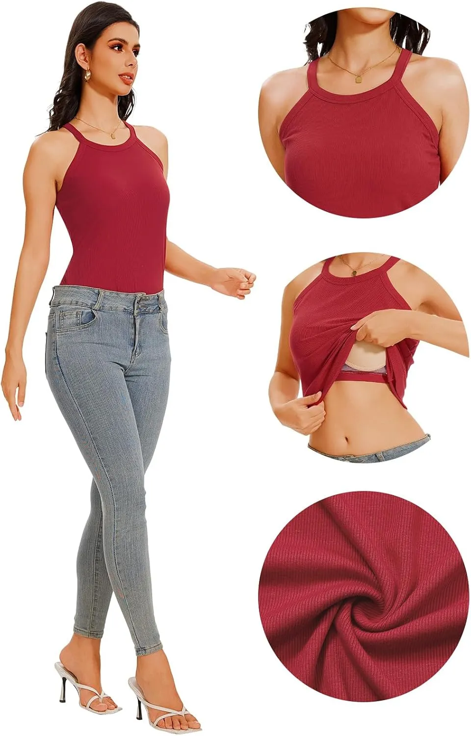 Womens Halter Tank Top with Built in Bra Ribbed Fitted Tank Tops Sleeveless Camisole Tanks