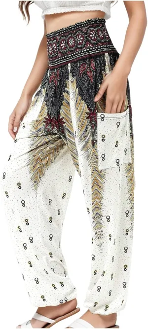 Womens Harem Pants Elastic Waist Boho Flower Casual Summer Trousers Comfy Loose Fit Long Yoga Hippie Pants with Pockets