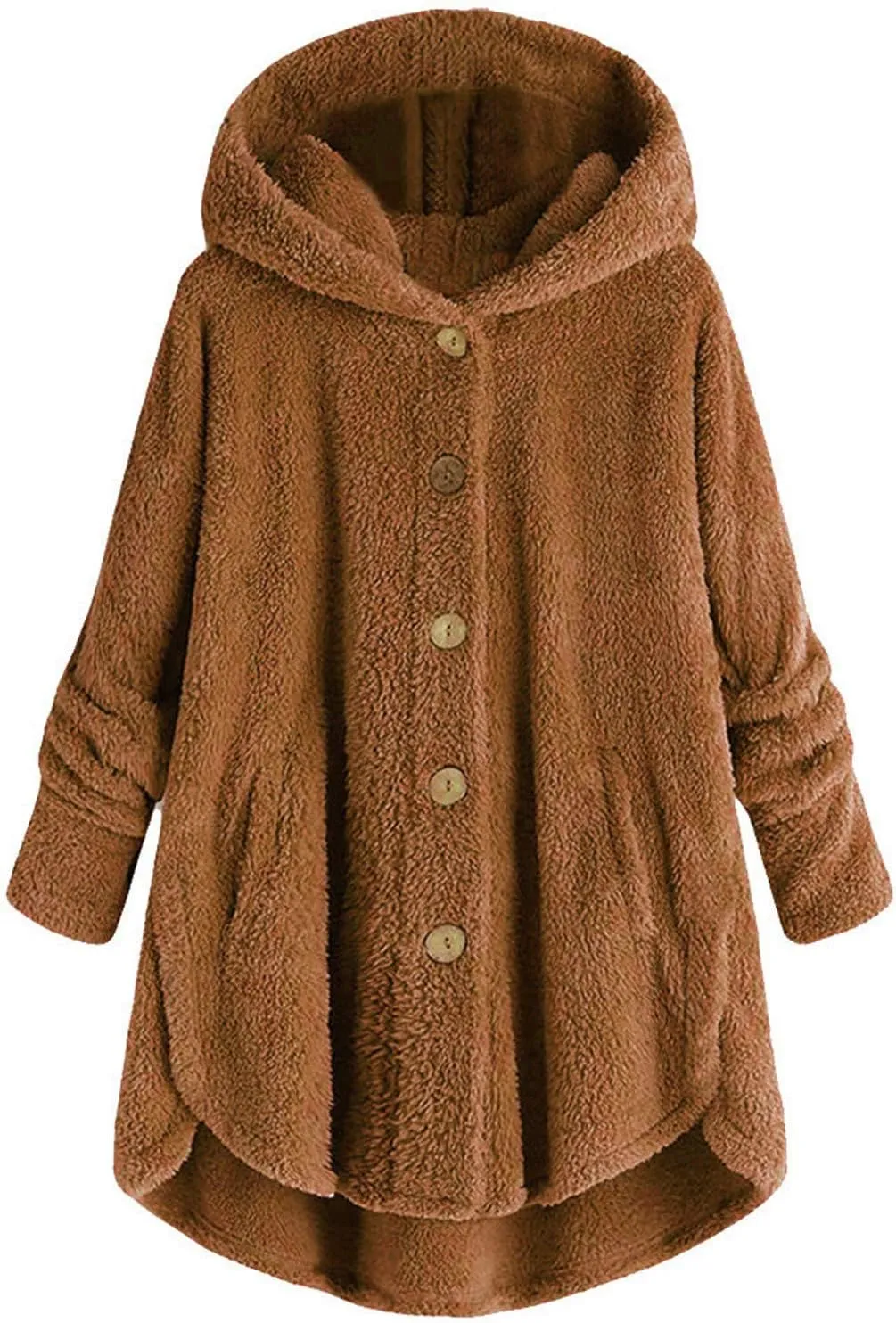 Women's Hooded Cardigan Fuzzy Plush Winter Warm Open Front Button Down Jacket Fleece Sherpa Coat Outwear Coat