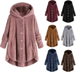 Women's Hooded Cardigan Fuzzy Plush Winter Warm Open Front Button Down Jacket Fleece Sherpa Coat Outwear Coat