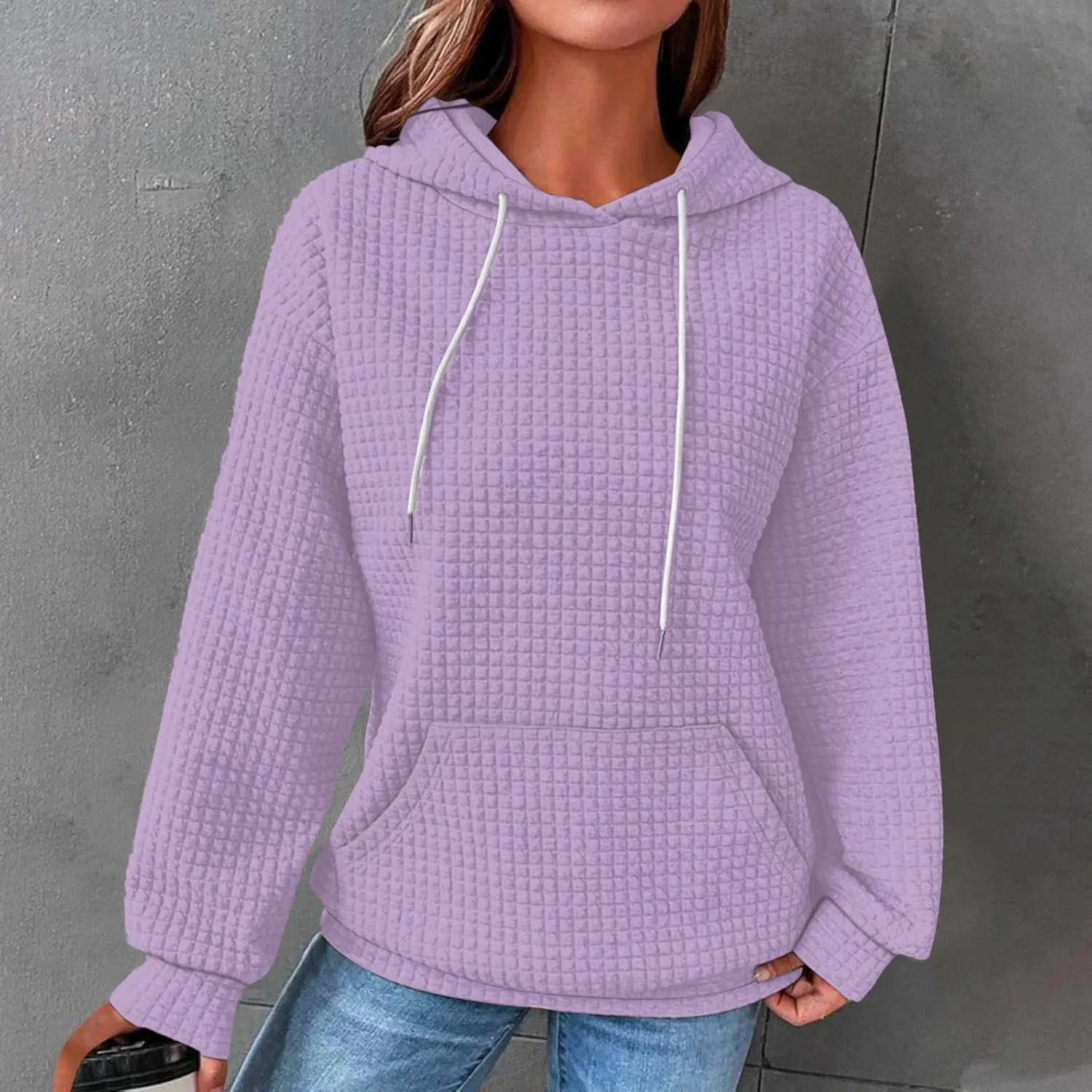 Womens Hoodies Long Sleeve Solid Drawstring Hoodie Sweatshirts For Women Casual Pullover With Pockets Tops 2024