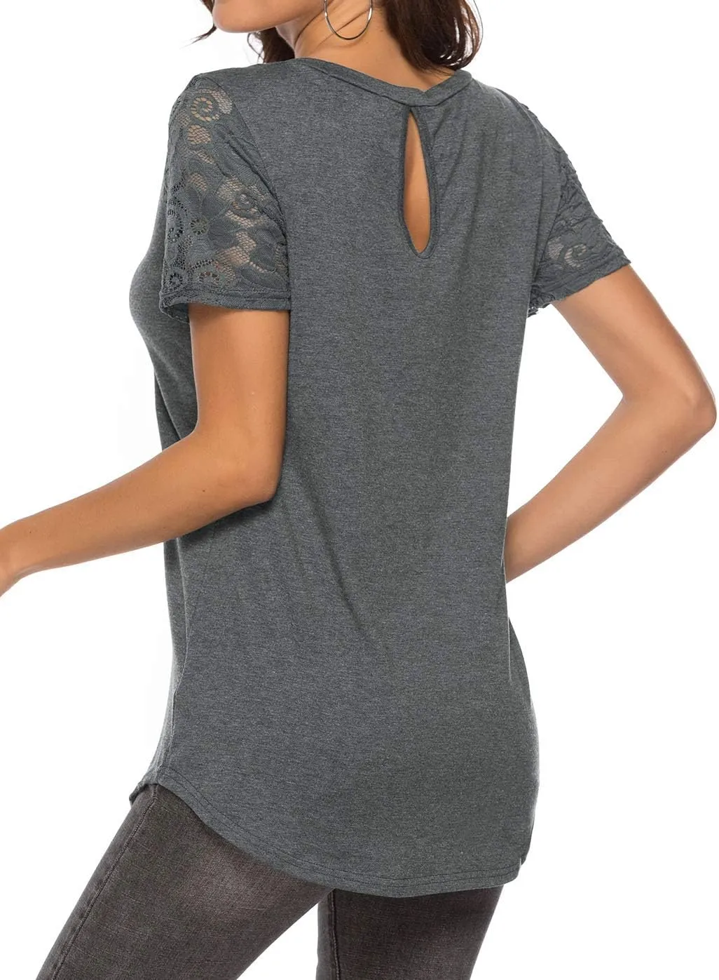 Women's Lace Short Sleeve Round Neck T-Shirt Casual Blouse Tunics Tops