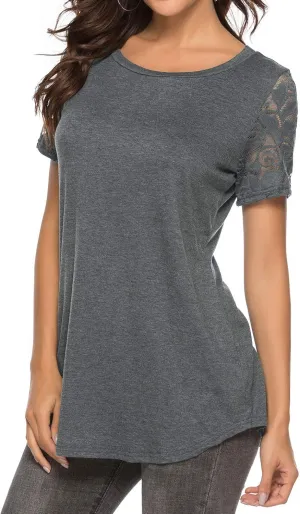 Women's Lace Short Sleeve Round Neck T-Shirt Casual Blouse Tunics Tops