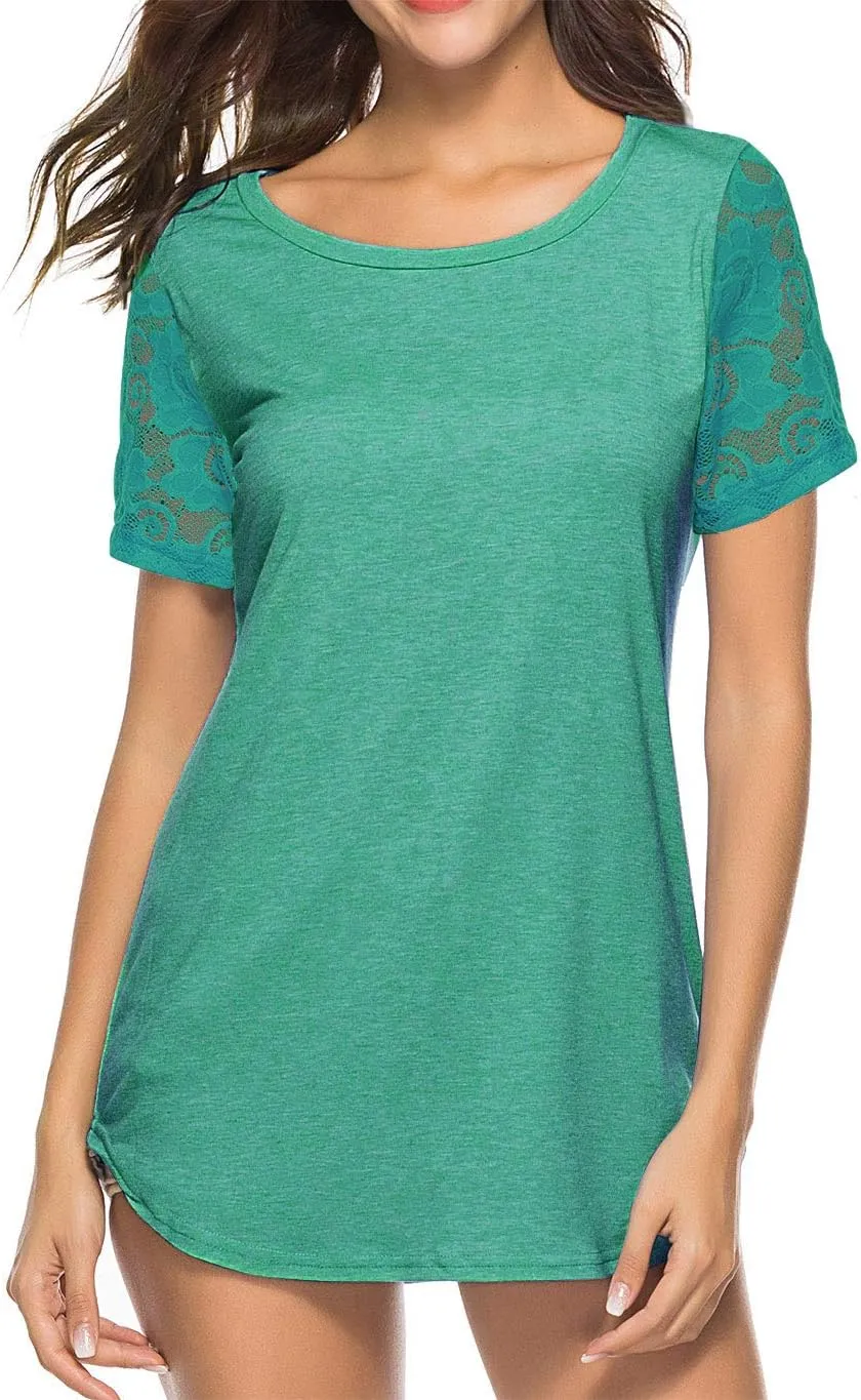 Women's Lace Short Sleeve Round Neck T-Shirt Casual Blouse Tunics Tops
