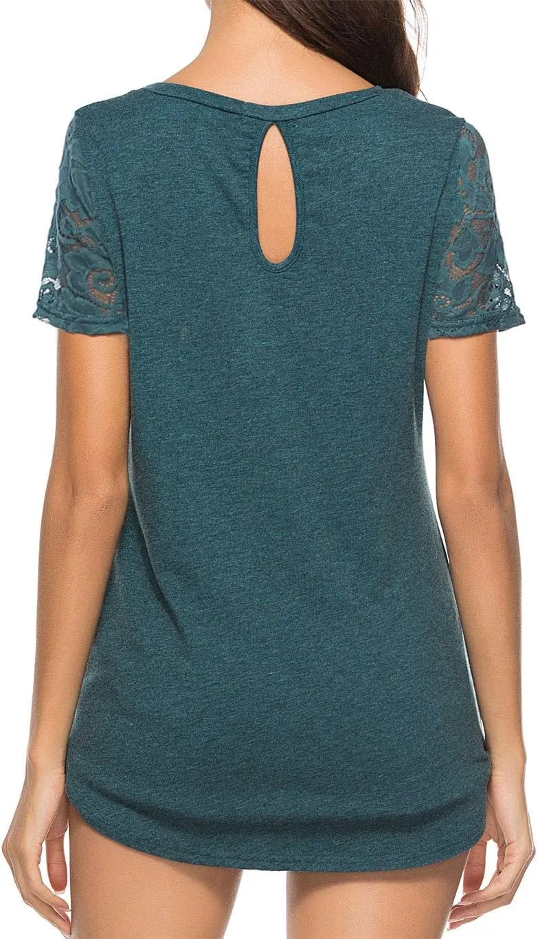 Women's Lace Short Sleeve Round Neck T-Shirt Casual Blouse Tunics Tops