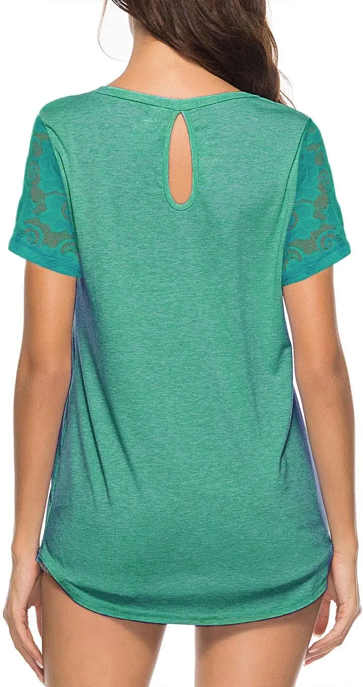 Women's Lace Short Sleeve Round Neck T-Shirt Casual Blouse Tunics Tops