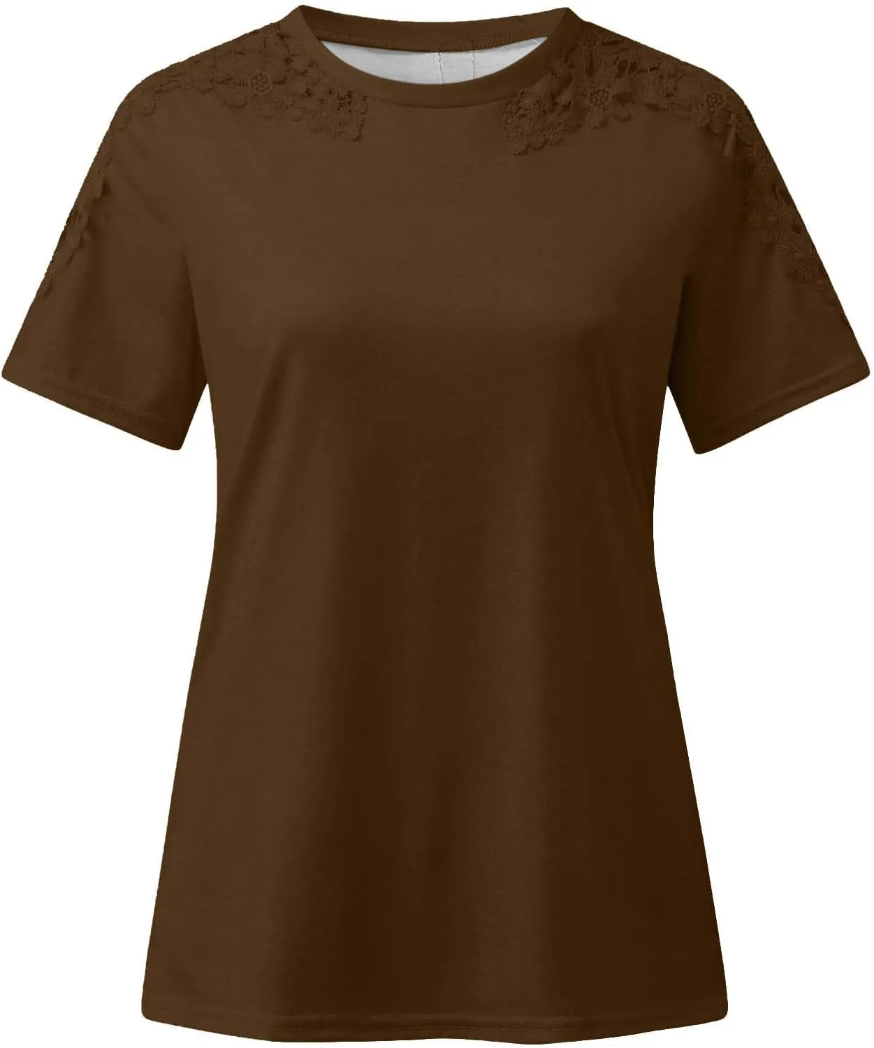 Womens Lace Stitching Short Sleeve Crewneck T-shirts Simple Solid Color Tops Fashion Casual Shirt