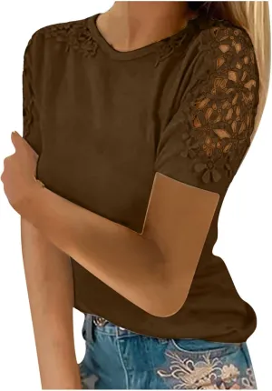 Womens Lace Stitching Short Sleeve Crewneck T-shirts Simple Solid Color Tops Fashion Casual Shirt