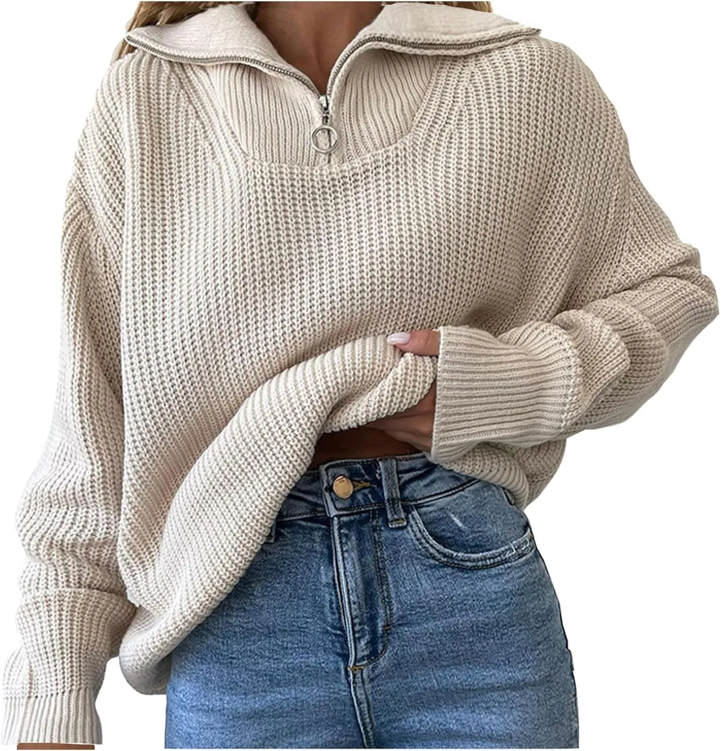 Women's Lapel Neck Knitted Pullover Tops Half Zipper Sweater Jumpers Drop Shoulder Oversized Teen Girls Sweatshirt