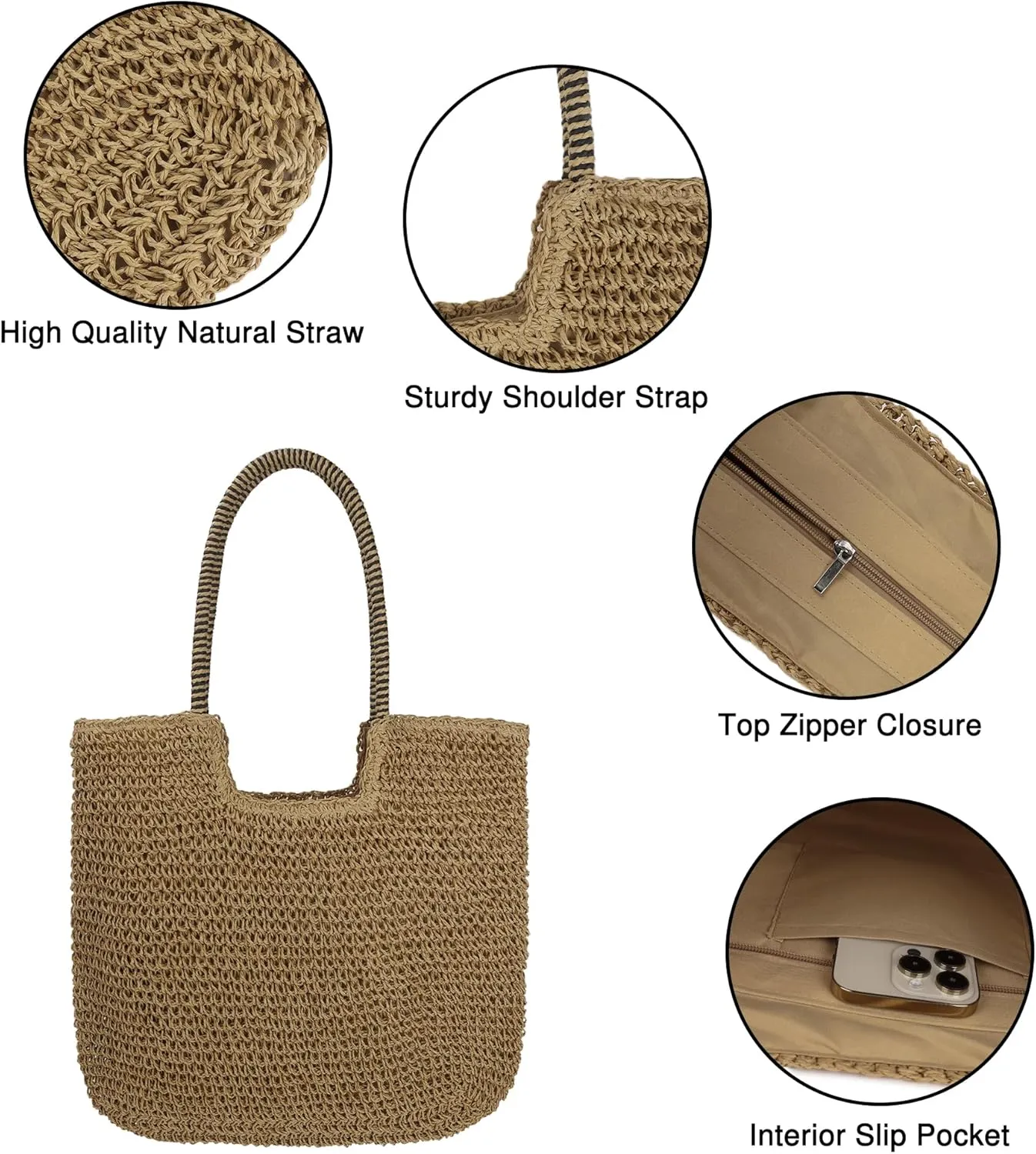 Womens Large Straw Beach Bag Handmade Woven Shoulder Bags Hobo Tote Handbag Purse for Summer